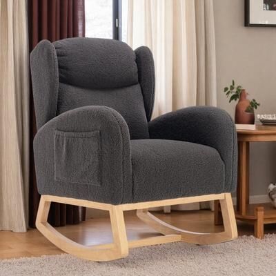 Teddy Rocking Chair with Thickened Headrest and High Backrest and Storage Pocket and Solid Wood Base