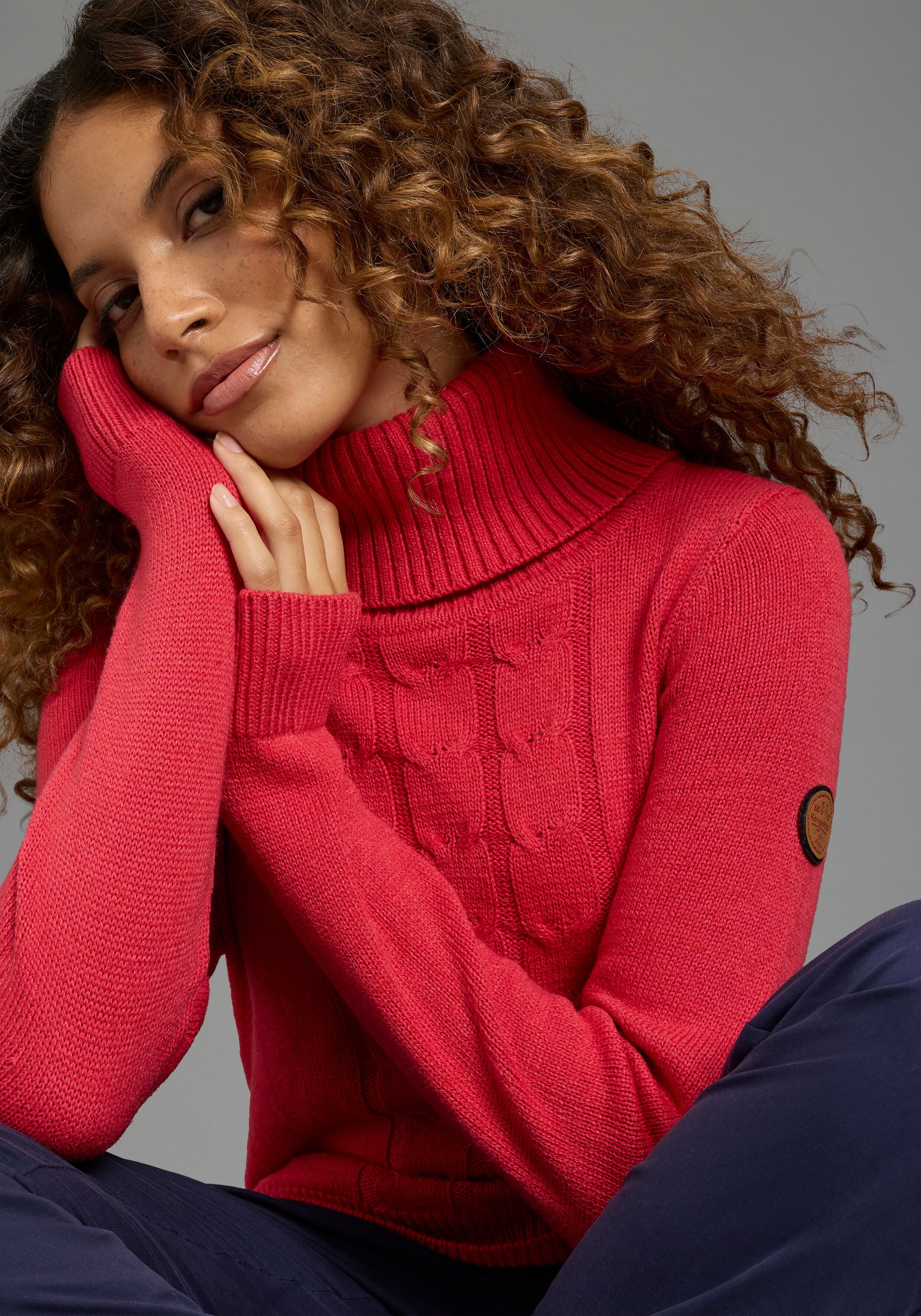 Rollkragenpullover KANGAROOS, Damen, Gr. 44/46, rot (beere meliert), Strick, Obermaterial: 60% Baumwolle, 40% Polyacryl, figurumspielend hüftbedeckend, Rippbündchen, Pullover Rollkragenpullover, aus Strick, mit hüftbedeckender Länge, figurumspielende Pass