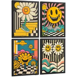 POSTER 4er Kunstdruck-Set Wandbilder Smiley Acid House modern Wohnzimmer Deko, Schlafzimmer, Küche, Badezimmer Schwarzer Rahmen A4
