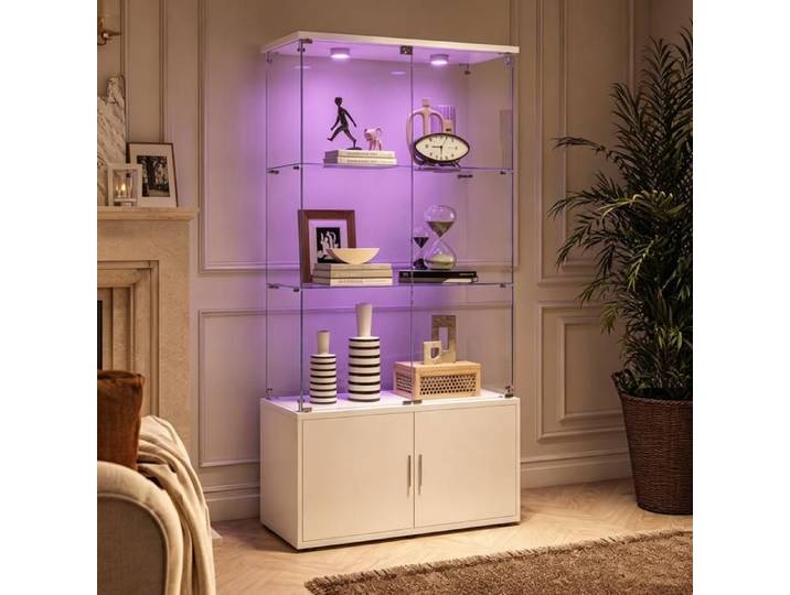 Vitrine LED RGB avec rangement 2-en-1 EZSSW vitrine en verre verrouillable étagères réglables meuble vitrine blanc éclairage