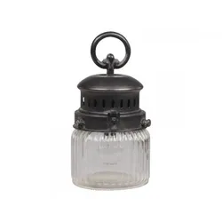 Chic Antique Französische Stalllaterne inkl. Glühbirne und Timer mit gerilltem Glas, H22 cm, antik kohle