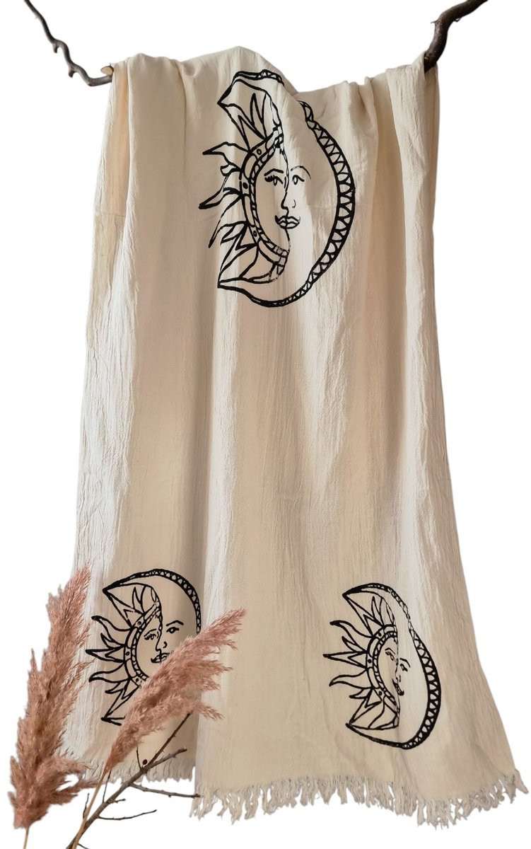 Ederlezi Mousseline Hamamdoek Peshtemal met Maan en Zon motief, 100% Katoen, 90 x 170 cm