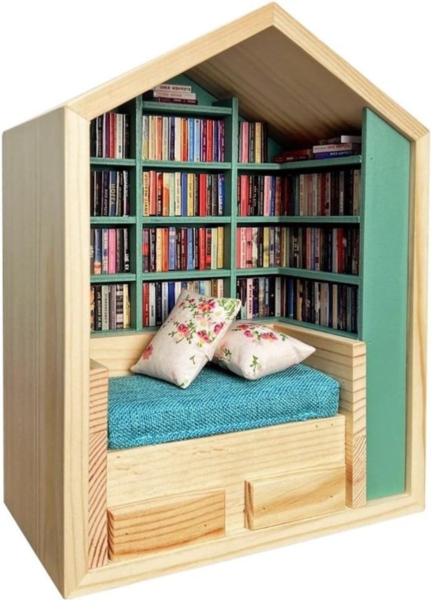 Houten Mini Boekenplank met 200 Miniaturen - Decoratief Ornament en Stressverminderaar