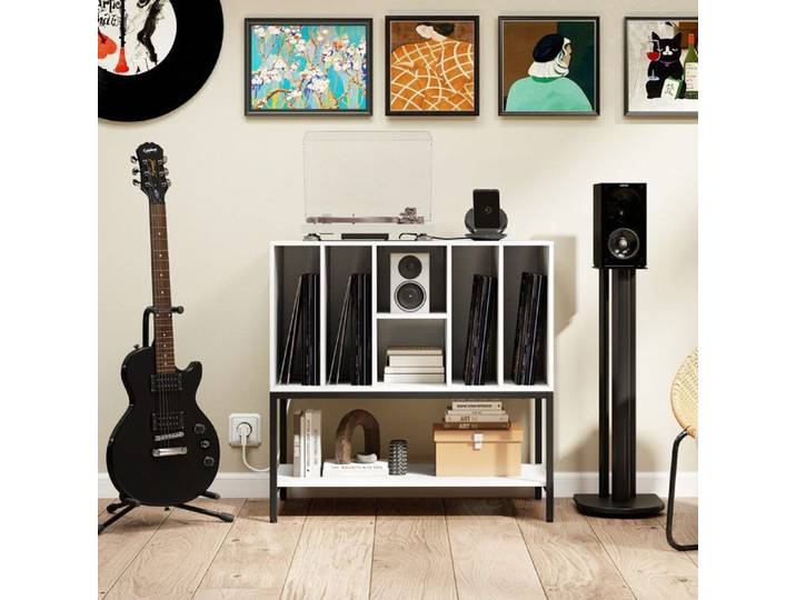 Charge facile meuble platine vinyle avec station de charge rangement 6 compartiments et étagère blanche