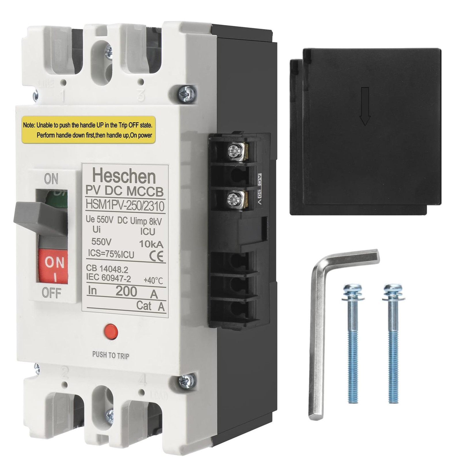 Selius DC-stroomonderbreker MCCB -250/2310, 2-polig, DC550V 200A, fotovoltaïsche stroomschakelaar met werkstroomontspanner 230 VAC
