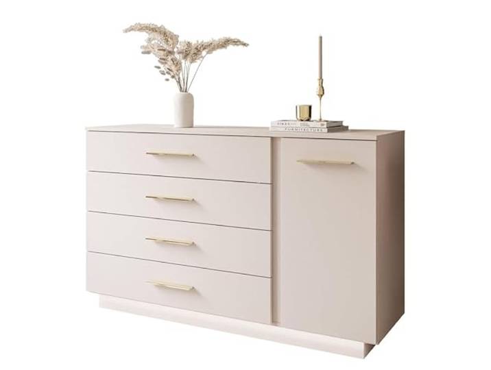Lookway Kommode LINA Kaschmir II 1D4S mit LED-Beleuchtung, auf Sockel, Push-to-Open oder Griffe, 138x84x40 cm (Gold Matt Griffe)