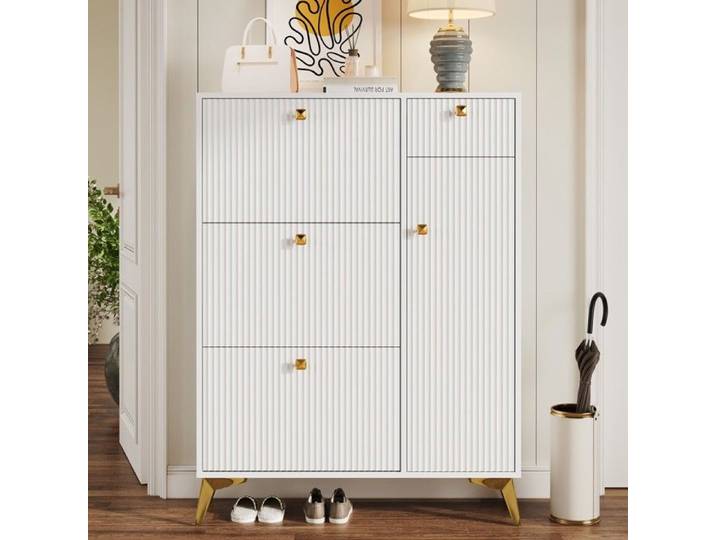 Meuble rangement chaussures blanc étroit 3 abattants 1 tiroir 1 porte 90x25x121cm pour entrée intérieure