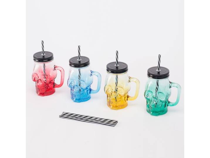 Relaxdays Trinkgläser mit Deckel 4er Set Totenkopf