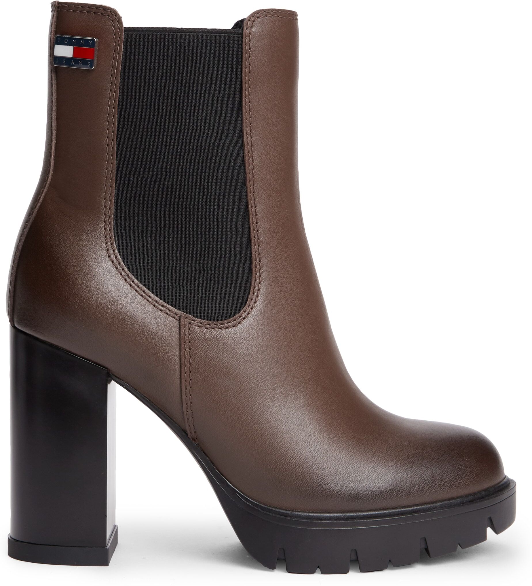Chelseaboots TOMMY JEANS "TJW CHELSEA HIGH HEEL BOOTS", Damen, Gr. 40, Synthetik Textil, braun (dunkelbraun), Leder, Basic, Schuhe Chelseaboots, Ankle Boots, Plateaustiefeletten mit Stretcheinsatz und Logoflagge