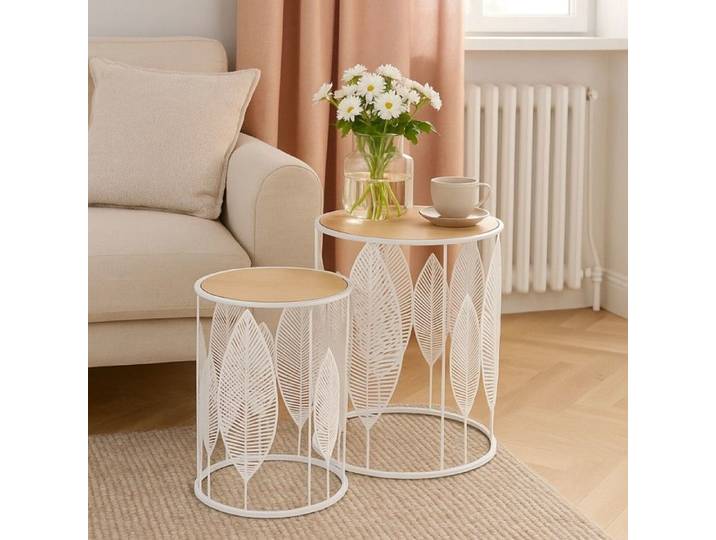 Ensemble de 2 tables FOLLA – tables basses rondes – plateau naturel structure blanche