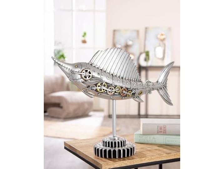GILDE Figur Steampunk Sailfish aus Kunstharz, silberfarben, antikfinish, Zahnradmotiv, 36 cm hoch, 50 cm breit