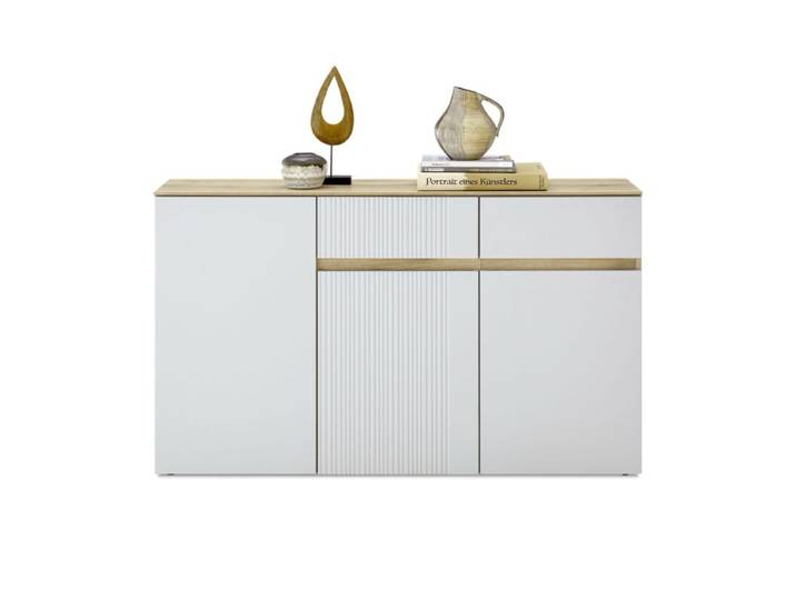 Trendstore Wamila Sideboard - 3 Türen, 2 Schubladen Wohnzimmer, Sideboard, flexibler Stauraum, praktische Schubladen, Korpus in Eiche Nachbildung, Fronten in Dekor light grey matt Modern