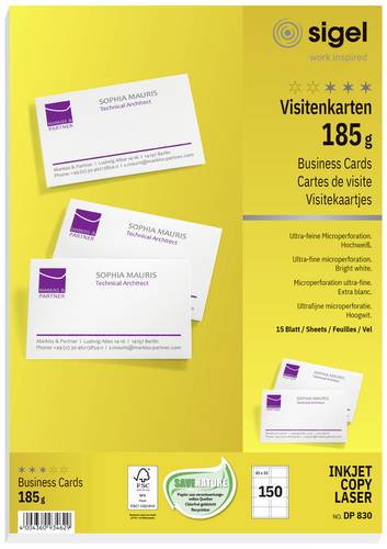 Sigel DP830 Bedruckbare Visitenkarten, microperforiert 85 x 55mm Hochweiß 150 St. Papierformat: DIN A4