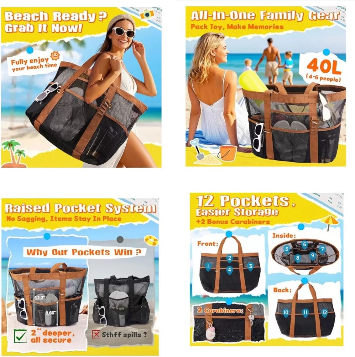 INF Große Mesh-Strandtasche - Ideal für Spielzeug, Handtücher und mehr! Schwarz