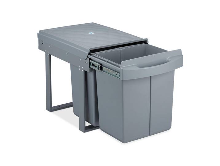 Relaxdays Einbaumülleimer Grau ausziehbar 2x 20 l, Kunststoff, Metall, 34x41.3x51.8 cm, Badaccessoires, Abfalleimer