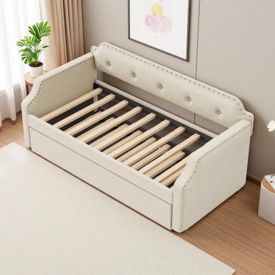 ZWYO HOSIMU Twin Size Upholstered Daybed with Trundle, Wood Slat Support, Sofa Bed with Upholstered Frame, Guest Bed for Living Room