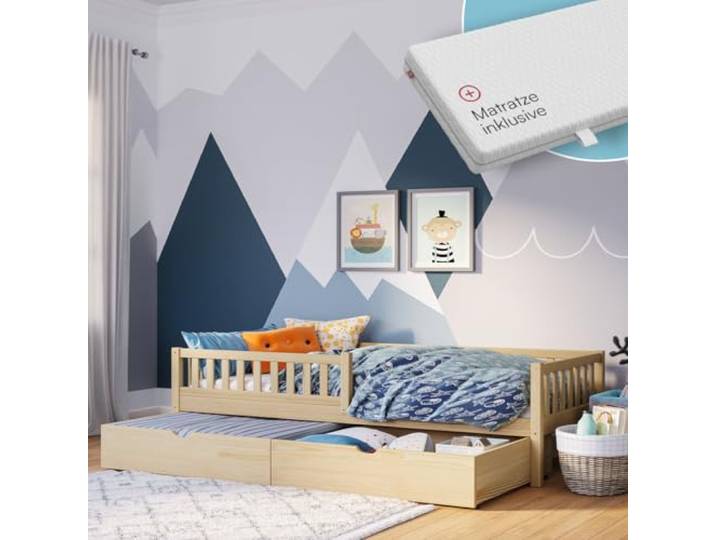 Bellabino Vils Kinderbett 90x200cm, Matratze & Schublade, Massivholz Kiefer Natur, Kinderbett mit Rausfallschutz & Lattenrost, Montessori-Bett, massives Kieferholz, Bett Jungen & Mädchen, Bettrahmen