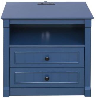 Kodotan sofa Dusty Blue Nightstand with Charging Station, 2-Drawer Retro American Bedside Table with Power Outlets & USB Ports, Mid-Century