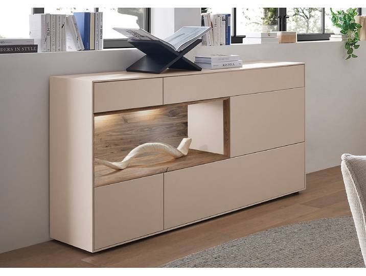Sideboard 166x86cm 'Locarno II' Nussbaum massiv & MDF creme inkl.Beleuchtung