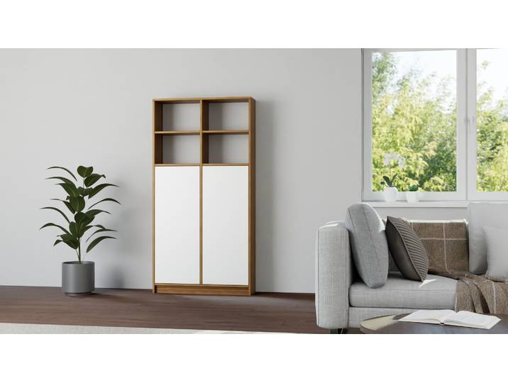 Schlichtes Geschirrregal mit Türen Echtholz Furnier Teak geölt