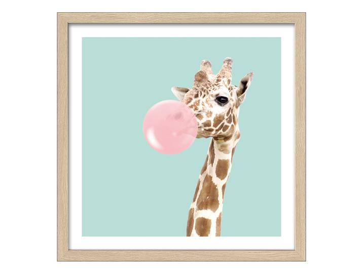 Holzbild Giraffe Chewing Gum Floatglas, MDF Pink/Türkis/Braun 33 x 33cm