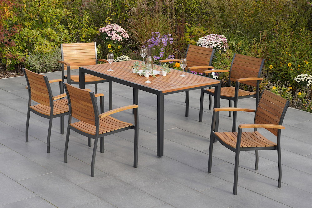 MERXXHANDELS Santorin Set 7tlg 6 Sessel Tisch 150x90cm Alu/Akazie 16946390
