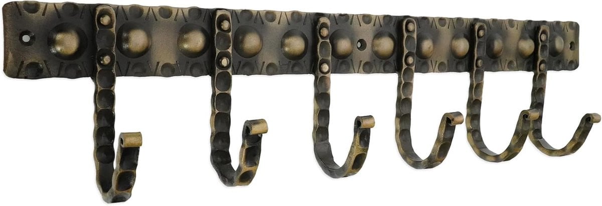 Antieke wandkapstok van ijzer met gestippelde haken, Breedte: 47 cm
