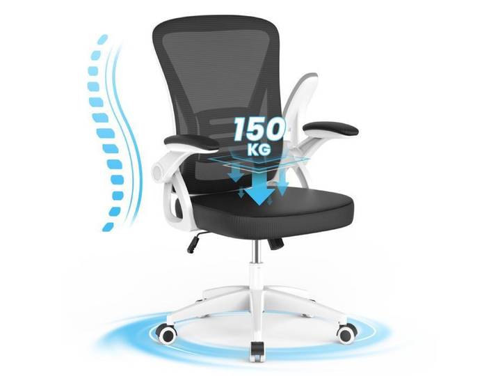 Chaise de Bureau Ergonomique en Maille Hauteur Réglable Accoudoirs Pliables pour Home‑Office Charge max 150kg Noir et blanc