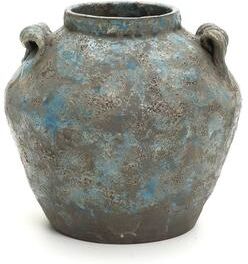 LuxenHome Antiqued Blue & Brown Terracotta Vase with Handles, Vintage Pottery