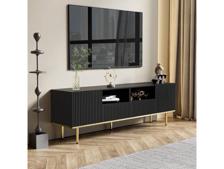 TV-Schrank mit 2 Türen, Fernsehtisch mit Goldenen Metallfüßen, TV Lowboard mit 2 Schubladen, TV Board für Fernseher bis zu 65 Zoll, Fernseher Tisch für Wohnzimmer Schlafzimmer, 165x36x55cm, Schwarz