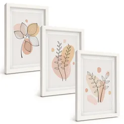 BILDER SET 3er Set - 20x30 cm Weißer Rahmen - Pastellfarbene Pflanzenzeichnungen