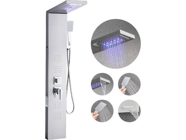 VEVOR Panneau de douche système de tour (5 modes) avec pommeau de douche cascade & LED\, (1345 mm) colonne de douche en acier inoxydable brossé