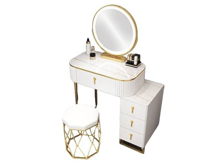 SJDUYD Schminktisch mit Spiegel und Hocker, Make-up-Schminktisch-Set mit 3 Modi LED-Spiegel,4Schubladen, Moderner Schminktisch für Frauen und Mädchen (weißer, 70cm/27.5in)
