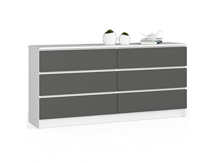 AKORD Kommode mit 6 Schubladen Komodenschrank Funktional Für Wohnzimmer Für Schlafzimmer Langlebig Rollenführung Universelles Design ABS-Kante 40x160x77cm Weiß & Graphitgrau Front