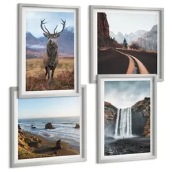 BILDER SET 4er Set - 50x50 cm & 40x60 cm Silberner Rahmen - Berglandschaften, Wasserfälle, Hirsche, Strände