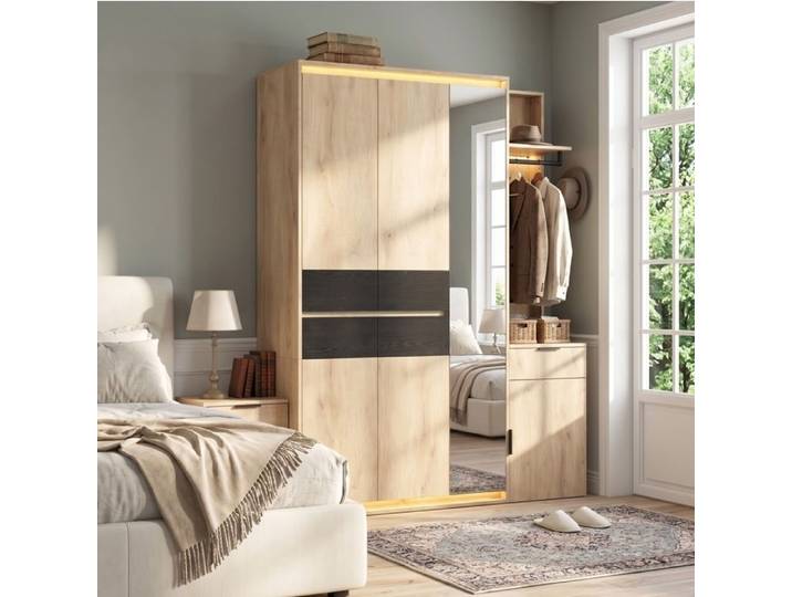 ROVRYN Ensemble vestiaire d'entrée 155 x 47 x 200 cm avec miroir LED 5 tiroirs et 3 tringles MDF