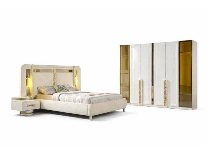 JVmoebel Schlafzimmer-Set Schlafzimmer Set Modern Weiß Goldeinsätze Designer-Set Minimalismus, (3-tlg)