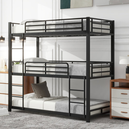 AIORBER Dreifach Etagenbett, 90x200 cm, mit Leiter, obere Etage mit Geländer, bis 120kg, Stahlrahmen,Hochbett mit Lattenrost,für Jugend Kinder,Schwarz