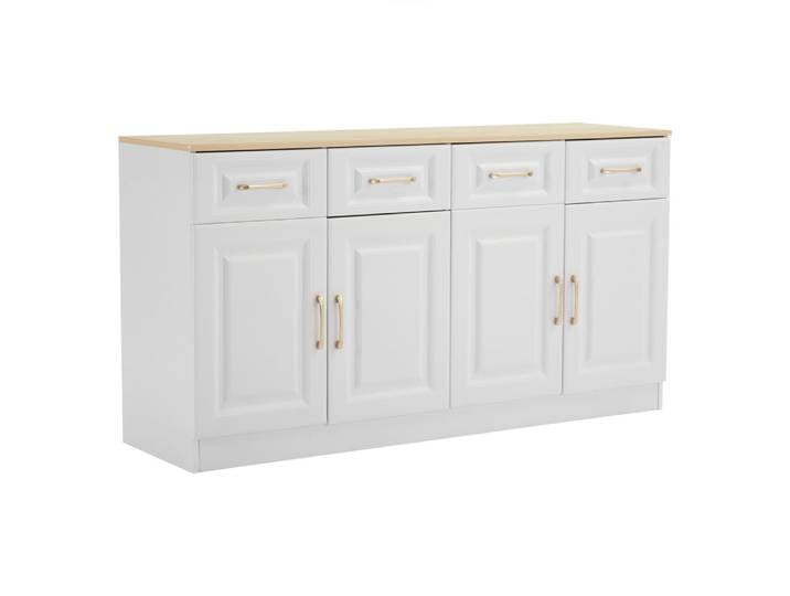Console blanche et bois avec 4 tiroirs et 4 portes élégantes