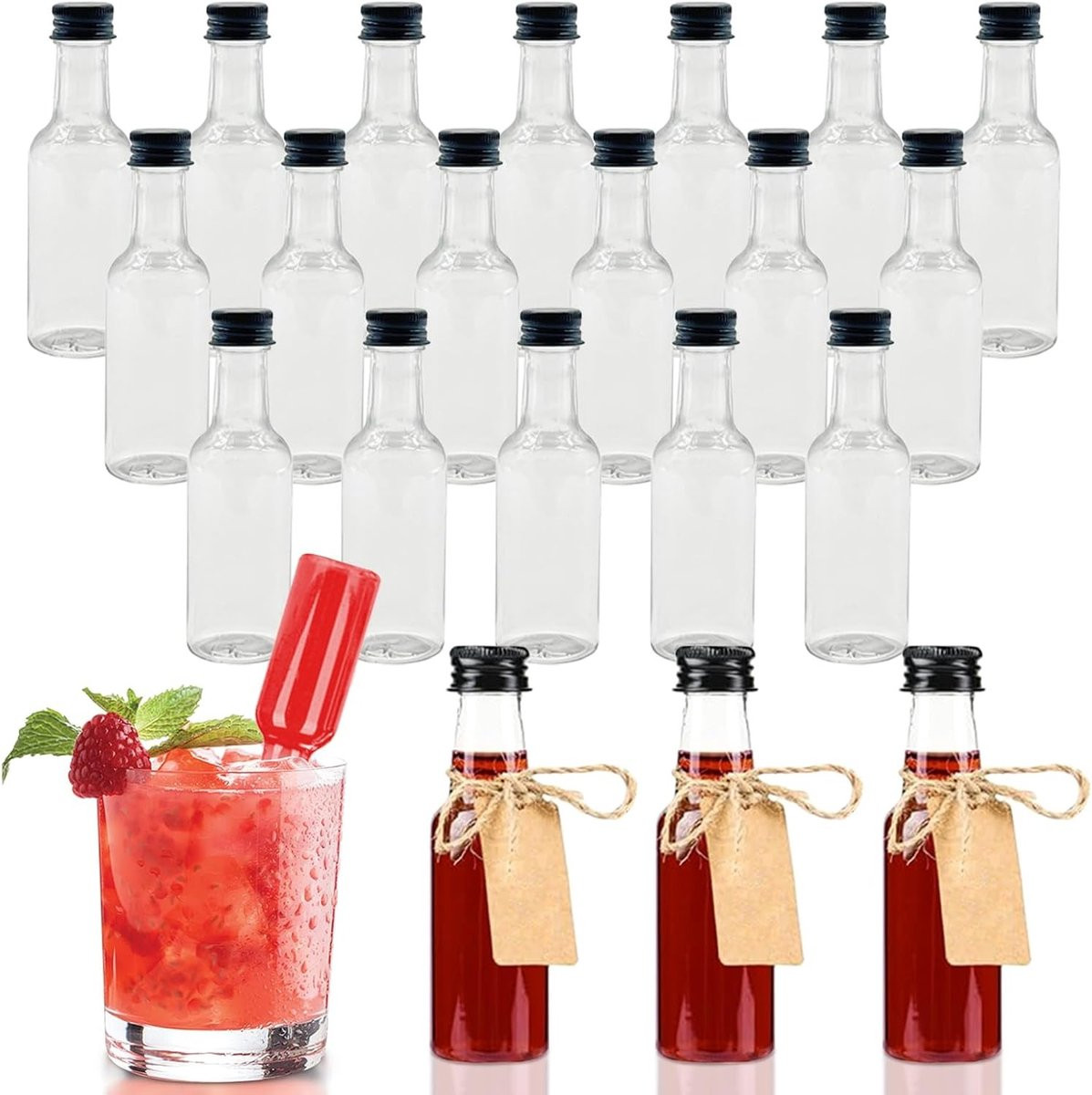 Set van 24 herbruikbare mini liqueur flesjes van 50ml met 2 trechters en 24 hangers voor feesten en bruiloften