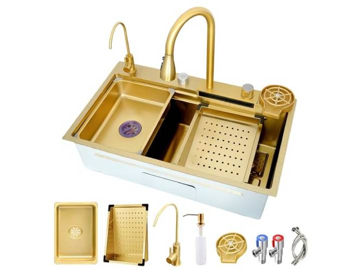 AIVANOTO Goldene Wasserfall-Küchenspüle, Mit Ausziehbarem Wasserhahn, Kleinem Becken, Tassenspüle, Abfluss-Sets, Küchenbar-Spüle Aus Edelstahl, Nanobeschichtete Einzelspüle, Aufsatz(Gold,68x45x21cm)