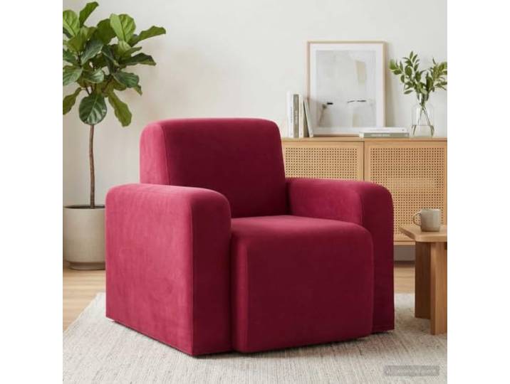 Sessel Bordeaux Samt mit Rahmen aus Sperrholz und Schaumstoffkissen Breite Armlehnen, weicher Polsterung, leichter Schaumstoff, stabiles Sperrholz, pflegeleicht, Wohnzimmer, Schlafzimmer