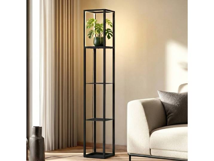 Lampadaire LED Birta, hauteur 155 cm, étagère, debout - Lindby - Salon / séjour - Moderne - Métal - Angulaire