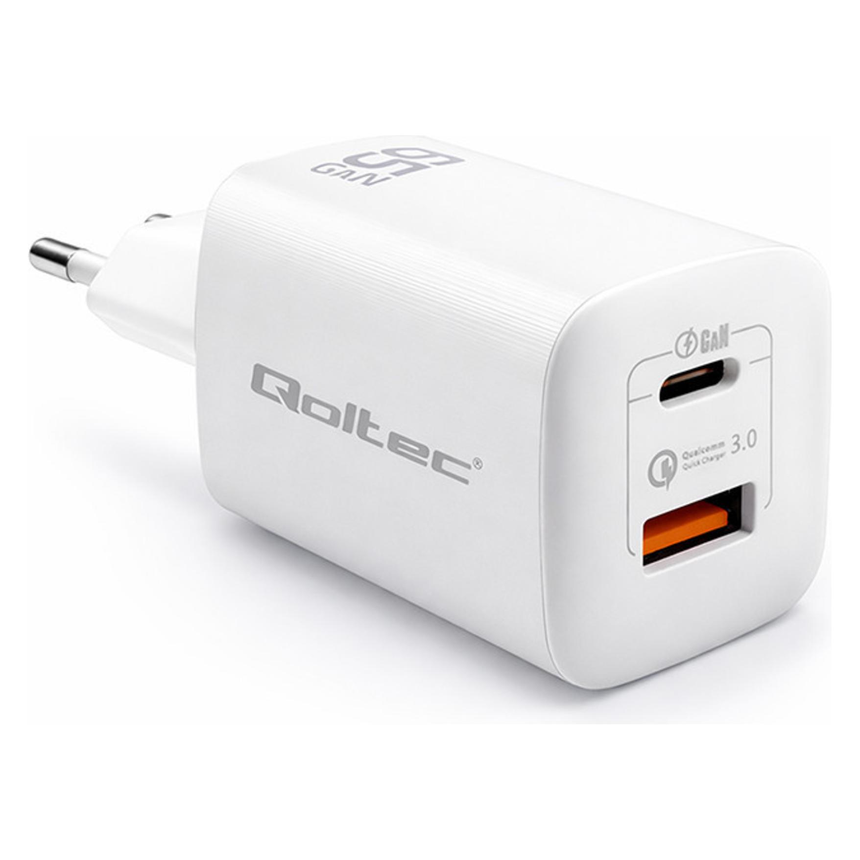 Qoltec 50765 Ladegerät für Mobilgeräte Laptop Tragbare Spielekonsole Powerbank Smartphone Smartw (65 W, 2 Ports) (50765)