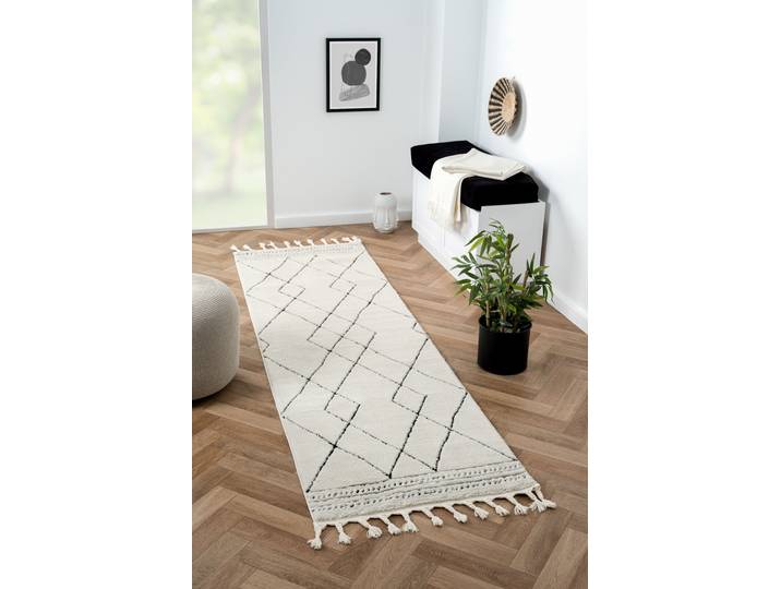 Hochflor-Teppich Moroccan Design, LAGERRÄUMUNG , grau (weiß, grau), B:80cm H:24mm L:250cm, Polyester, Polypropylen (PP), MYFLAIR MÖBEL & ACCESSOIRES, Teppiche, Hochflor-Teppich, modernes Design, Rauten Muster, weich, mit Fransen, auch als Läufer