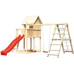 Akubi Kinderspielturm Frieda mit Anbau, Rutsche und Doppelschaukelanbau mit Klettergerüst (Set C)-rot