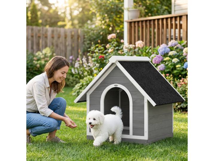 PawHut Niche Chien Extérieur Corps Ouvrant 84x101x86cm Gris Blanc
