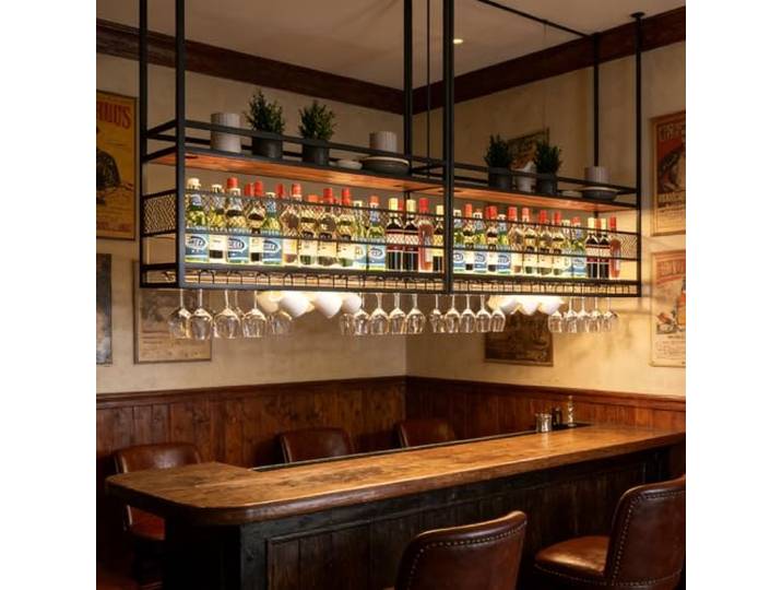 amhricho Deckenregal Weinregal, 2-Lagiger Industrieller Hängender Weinflaschenhalter mit Glashalter, Metall-Deckenregal für Bar Café Küche, Schwarz, 120x30x50+40cm