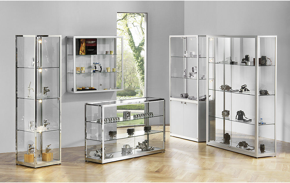 kaiserkraft Staufachvitrine, 2 Drehflügeltüren, HxBxT 2000 x 1000 x 400 mm, silber eloxiert