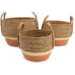Straw & Seagrass Large Baskets - Natural & Orange- Set of 3